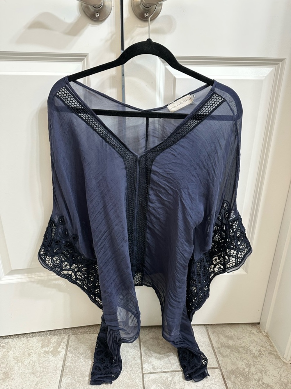 Love and Liberty - Navy Sheer Crochet Trim Poncho